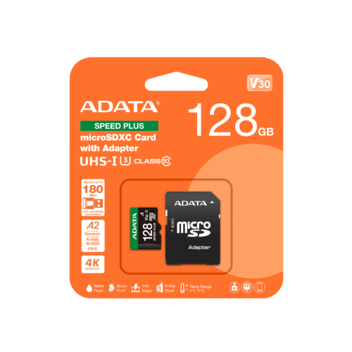 כרטיס זיכרון ADATA Premier SPEED PLUS microSDXC 128GB UHS-I U3 אריזה ומפרט מלא