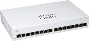 Cisco Business CBS110-16T-D - מבט מלפנים בזווית עם לוגו Cisco Business 110 Series