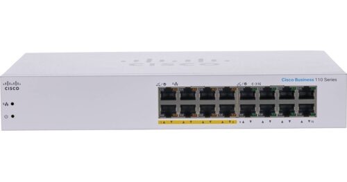 Cisco Business CBS110-16PP-D - מבט מלפנים על המתג עם 16 יציאות Gigabit ו-8 יציאות PoE מסומנות בצהוב