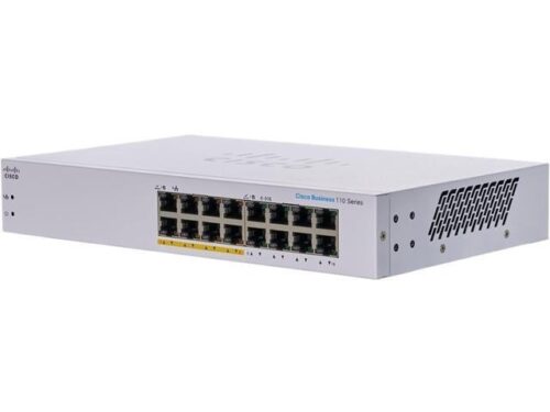 Cisco Business CBS110-16PP-D - מבט בזווית על יציאות הרשת ולוגו Cisco Business 110 Series