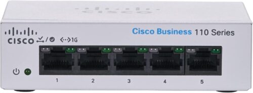 Cisco Business CBS110-5T-D - תקריב חזית עם לוגו Cisco Business 110 Series