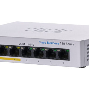 Cisco Business CBS110-8PP-D - מבט בזווית על המתג עם 8 יציאות Gigabit ו-4 יציאות PoE מסומנות בצהוב