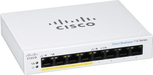 Cisco Business CBS110-8PP-D - מבט מלמעלה על גוף המתג עם לוגו Cisco Business 110 Series