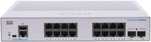 Cisco Business CBS250-16T-2G - מבט קדמי ישר על 16 יציאות Gigabit ו-2 יציאות SFP
