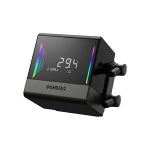 תצוגה דיגיטלית של GAMDIAS CHIONE E4-360 - מציגה טמפרטורת מעבד
