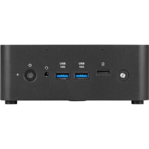 MSI Cubi NUC AI+ 2MG-052XIL - מבט קדמי ישר, יציאות USB וכפתור הפעלה עם טביעת אצבע