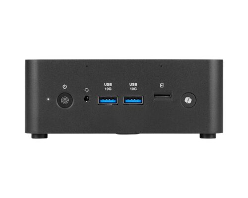 MSI Cubi NUC AI+ 2MG-052XIL - מבט קדמי ישר, יציאות USB וכפתור הפעלה עם טביעת אצבע