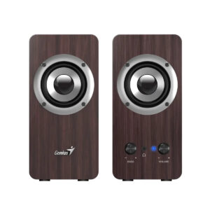 Genius SP-HF400 - מבט קדמי, זוג רמקולים בגימור עץ חום כהה
