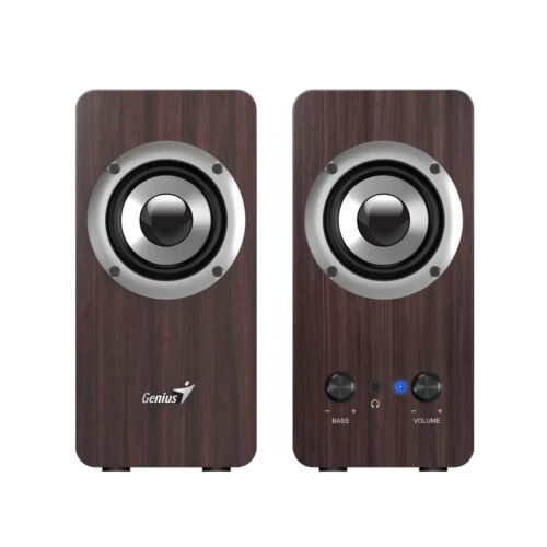 Genius SP-HF400 - מבט קדמי, זוג רמקולים בגימור עץ חום כהה