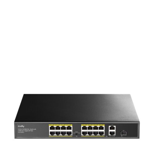 CUDY FS1018PS1-IL - מבט קדמי עם כל 16 פורטי ה-PoE, 2 פורטי Gigabit וחריץ SFP