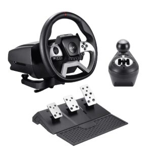 הגה מרוצים Genius SpeedMaster X5 FF - מבט מזווית עם דוושות וידית הילוכים