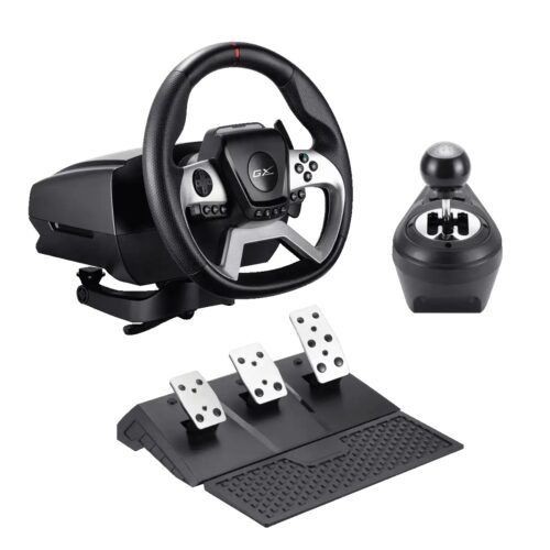 הגה מרוצים Genius SpeedMaster X5 FF - מבט מזווית עם דוושות וידית הילוכים