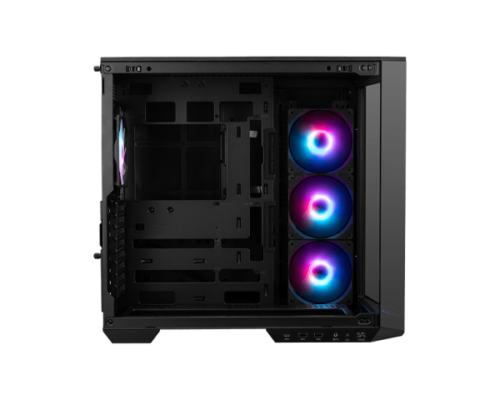 מארז מחשב MSI MAG PANO 100R PZ שחור - מבט צד עם פאנל זכוכית פתוח ומאווררי ARGB