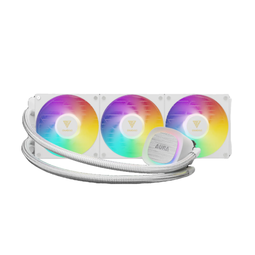 GAMDIAS AURA GL360 V2 WH - מבט קדמי, שלושה מאווררי ARGB ומשאבה