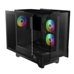 GAMDIAS ATLAS M1 שחור - מבט רחב עם דלתות הזכוכית פתוחות, חריצי הרחבה גלויים