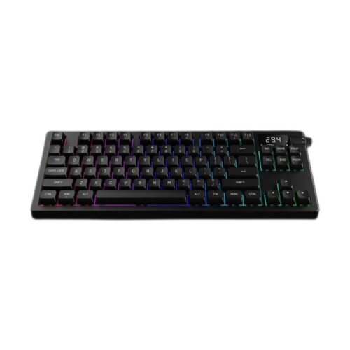 GAMDIAS Hermes M7 Hybrid - מקלדת גיימינג מכנית, מבט בזווית עם תאורת RGB ומסך תצוגה דיגיטלי