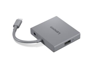 Lenovo USB-C 4 in 1 Hub Gen2 - זווית צד עם יציאת USB-A ושקע אוזניות