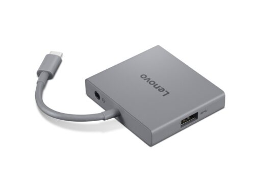 Lenovo USB-C 4 in 1 Hub Gen2 - זווית צד עם יציאת USB-A ושקע אוזניות