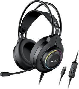 אוזניות גיימינג Genius HS-GX580U - מבט קדמי עם תאורת RGB פעילה ובקר עוצמה בקו
