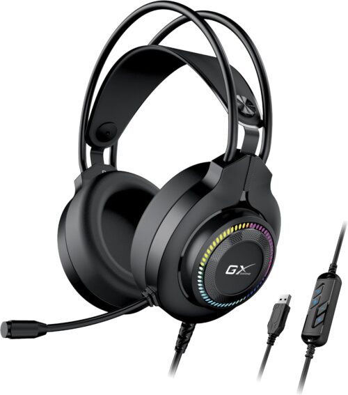 אוזניות גיימינג Genius HS-GX580U - מבט קדמי עם תאורת RGB פעילה ובקר עוצמה בקו