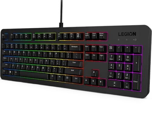 Lenovo Legion K310 RGB - מבט בזווית עם לוגו LEGION ותאורת RGB