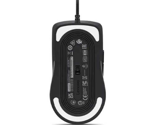 Lenovo M210 RGB Gaming Mouse - מבט תחתי עם חיישן ותוויות תקינה