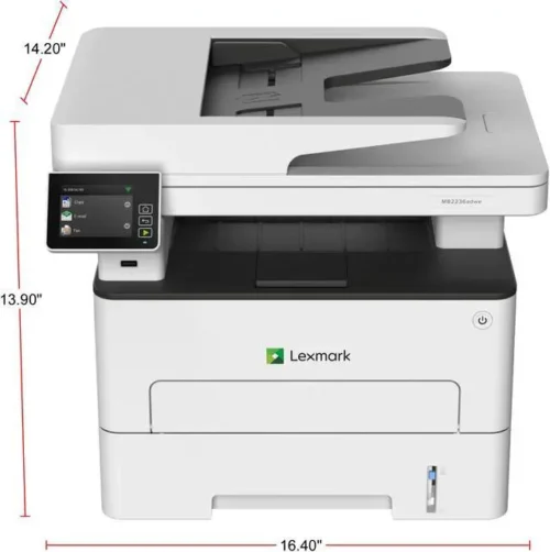 Lexmark MB2236adwe - מבט קדמי, תווית דגם קריאה על גוף המכשיר (מקור: Newegg)