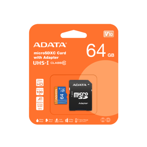 כרטיס זיכרון ADATA MicroSDHC 64GB באריזה עם מתאם SD