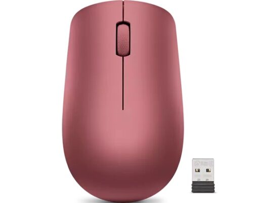 עכבר Lenovo 530 Wireless Mouse אדום דובדבן - מבט מלמעלה עם מקלט Nano USB