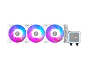 MSI MAG CORELIQUID A13 360 WHITE - מבט קדמי ישר, שלושה מאווררים ובלוק לבן