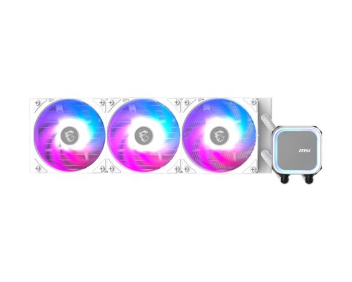 MSI MAG CORELIQUID A13 360 WHITE - מבט קדמי ישר, שלושה מאווררים ובלוק לבן