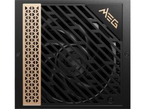 MSI MEG Ai1300P PCIE5 - מבט קדמי ישר על מאוורר ולוגו MEG