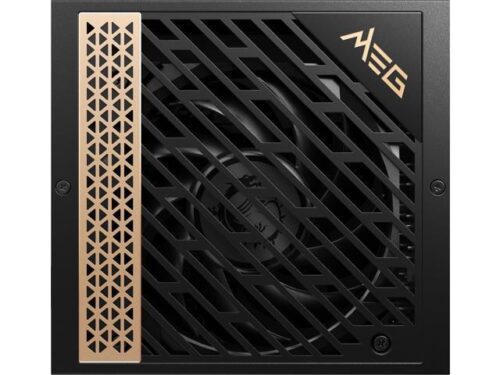 MSI MEG Ai1300P PCIE5 - מבט קדמי ישר על מאוורר ולוגו MEG