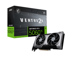 כרטיס מסך MSI GeForce RTX 5060 Ti 16G VENTUS 2X OC PLUS - אריזת המוצר לצד הכרטיס בזווית