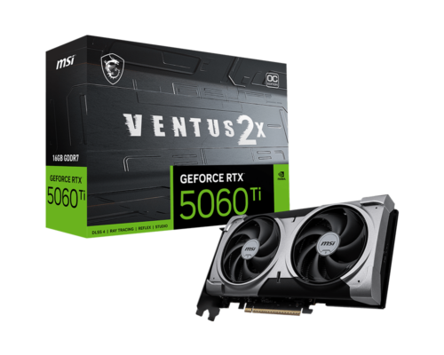 כרטיס מסך MSI GeForce RTX 5060 Ti 16G VENTUS 2X OC PLUS - אריזת המוצר לצד הכרטיס בזווית