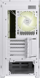 תצוגת גב מארז MSI MAG PANO M110R לבן עם חריצי הרחבה ומאוורר אחורי