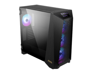 מארז מחשב MSI MEG PROSPECT 700R שחור - מבט קדמי מזווית עם זכוכית מחוסמת ומאווררי ARGB