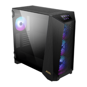 מארז מחשב MSI MEG PROSPECT 700R שחור - מבט קדמי מזווית עם זכוכית מחוסמת ומאווררי ARGB