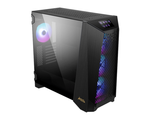 מארז מחשב MSI MEG PROSPECT 700R שחור - מבט קדמי מזווית עם זכוכית מחוסמת ומאווררי ARGB