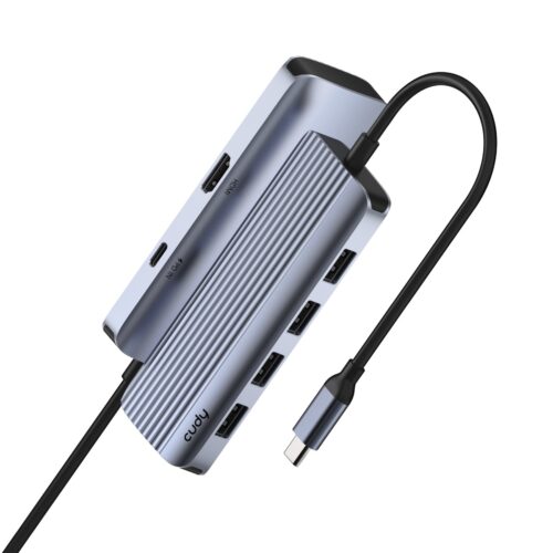 רכזת USB-C CUDY UH500 6-in-1 - מבט בזווית עם כל היציאות