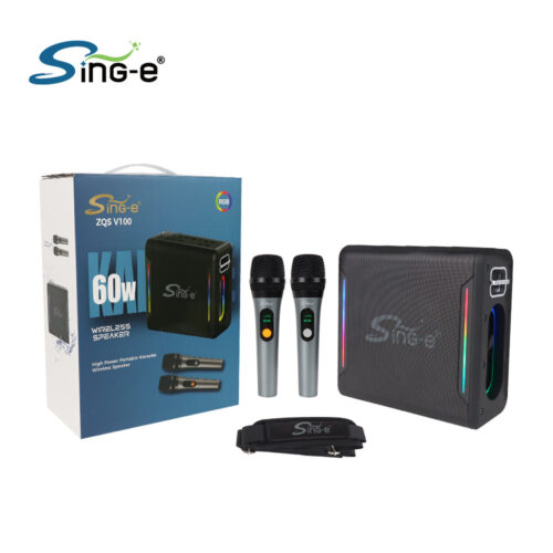 בידורית קריוקי V100 Sing-e - תכולת האריזה: רמקול, 2 מיקרופונים אלחוטיים, רצועת נשיאה ואריזה
