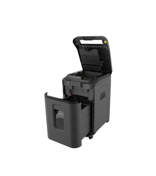 מגרסת נייר אוטומטית I SHRED R120 - מבט בזווית, מכסה עליון פתוח