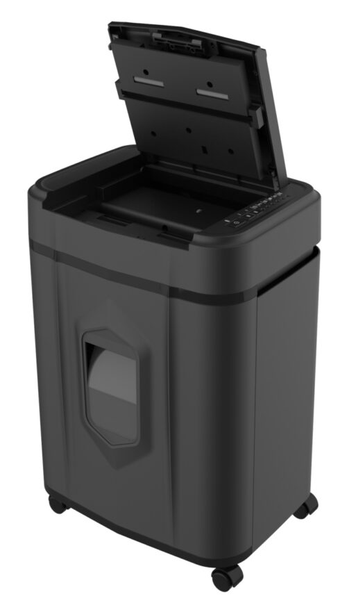 מגרסת נייר אוטומטית I SHRED R120 - מבט מלפנים בזווית, מכסה פתוח