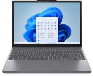 Lenovo IdeaPad Slim 3 15IRH10 - מבט קדמי על המחשב הנייד פתוח עם תפריט Windows 11