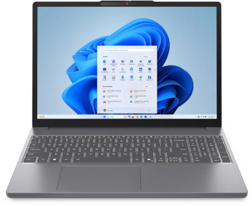 Lenovo IdeaPad Slim 3 15IRH10 - מבט קדמי על המחשב הנייד פתוח עם תפריט Windows 11