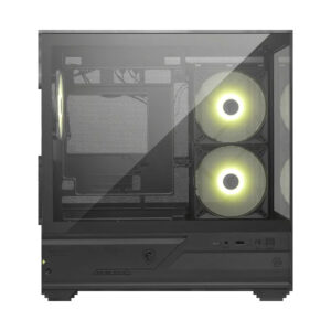 מארז מחשב MSI MAG PANO M110R שחור מלפנים עם מאווררי ARGB דולקים וחלון זכוכית פנורמי