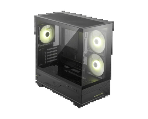 מארז מחשב MSI MAG PANO M110R שחור מזווית עם תאורת ARGB ותצוגת פנים המארז