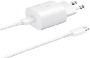 מטען קיר סופר מהיר 25W + כבל Type-C ל-Type-C לבן - תואם Samsung Galaxy